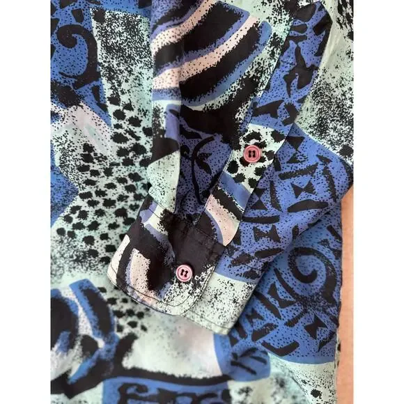 Vintage 80s 90s Laser Men's Medium 100% Silk Abstract Tribal Long Sleeve Shirt - Picture 3 of 8